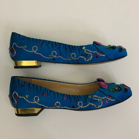 Charlotte Olympia Crouching Tiger Satin Loafer Women's Size 38  Blue - Picture 7 of 9